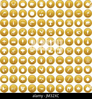 100 live nature icons set gold Stock Vector
