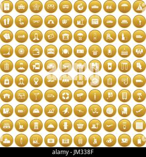 100 luggage icons set gold Stock Vector