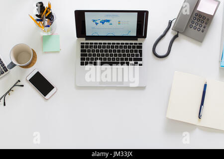laptop, phone and other office stuff on table Stock Photo