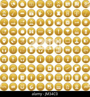 100 microphone icons set gold Stock Vector
