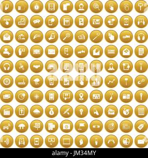 100 mobile icons set gold Stock Vector