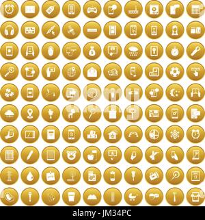 100 mobile app icons set gold Stock Vector
