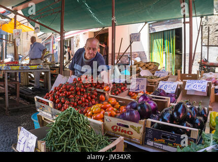 Fruit and egetable stall in The Ballaro Market in the Albergheria district of central Palermo, Sicily, Italy. Stock Photo