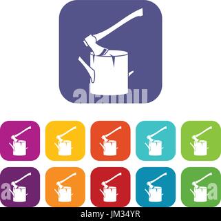Axe stuck in a tree stump icons set Stock Vector