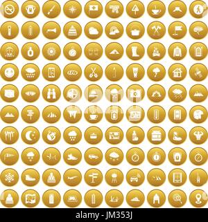 100 mountaineering icons set gold Stock Vector