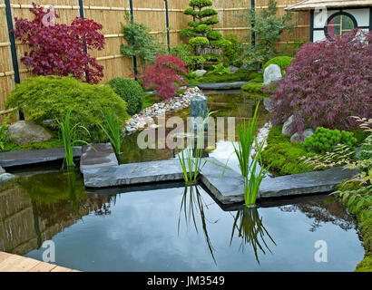 Garden in the style of a Japanese Tea Garden with traditional planting Stock Photo