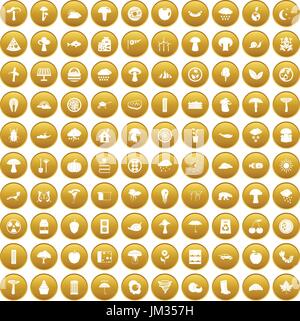100 mushrooms icons set gold Stock Vector