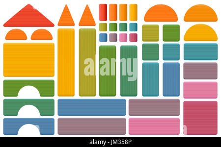 Building kit - colorful set of toy blocks with bricks, roofs, spires, pillars and archs - all parts with wooden texture. Stock Photo