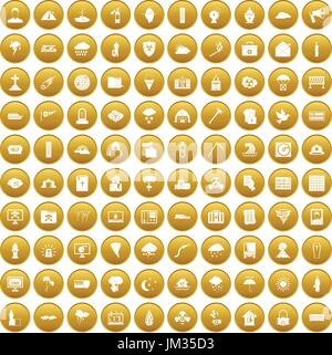 100 natural disasters icons set gold Stock Vector