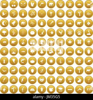 100 nature icons set gold Stock Vector