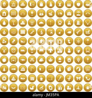 100 nursery school icons set gold Stock Vector