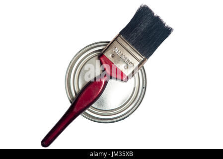 paint pot with paint brush on top, from above, Stock Photo