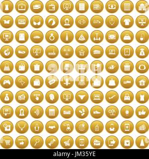100 online shopping icons set gold Stock Vector