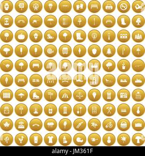 100 park icons set gold Stock Vector