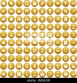 100 passport icons set gold Stock Vector