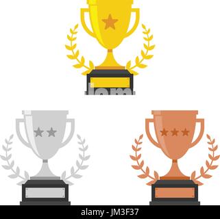 Gold, Silver and Bronze Trophy Cup. Vector Flat Trophy Icon with stars and laurel wreath Stock Vector