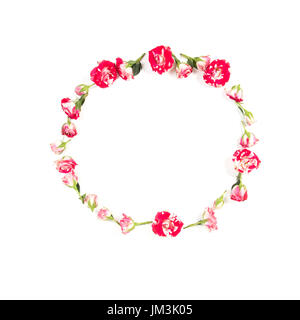 Flowers composition. Wreath made of rose flowers on white background. Flat lay, top view Stock Photo