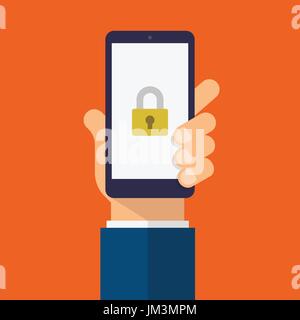 Padlock icon on smartphone screen. Hand holds the smartphone. Modern Flat design illustration. Stock Vector
