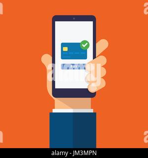 Payment page and credit card on smartphone screen with pay button. Hand holds the smartphone. Modern Flat design illustration. Stock Vector