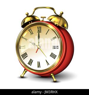 Red retro style alarm clock on white background. Stock Vector