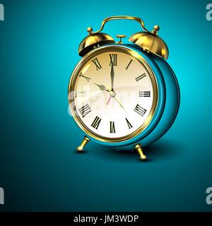Metal retro style alarm clock on blue background. Stock Vector