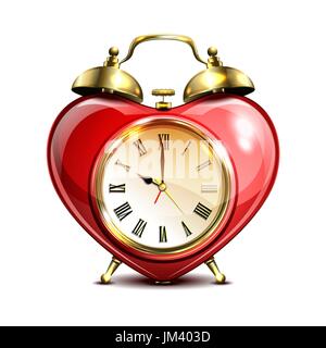 Metal retro style alarm clock in heart form on white background. Vector illustration. Stock Vector