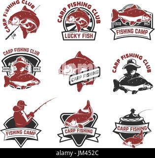 Set of carp fishing labels isolated on white background. Design elements for logo, albel, emblem, sign. Vector illustration. Stock Vector