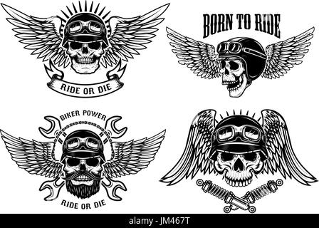 Born to ride. Set of biker skulls with wings and helmets on white background. Design elements for logo, label, emblem, sign, poster, t-shirt. Vector i Stock Vector