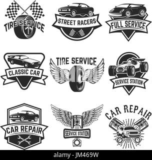 Set of tire service, car repair labels. Pistons, car wheels, repair tools. Design elements for logo, emblem, sign. Vector illustration Stock Vector