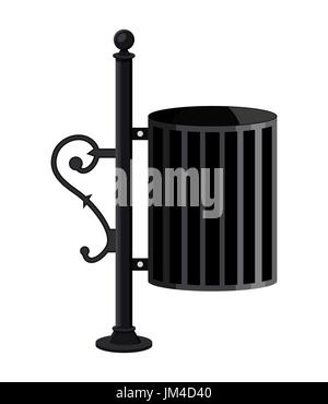 Iron litter waste bin isolated on white background. City park garbage containet with decorative elements. Vector illustration in flat style Stock Vector