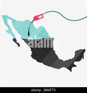 Map of Mexico being fueled by oil. Gas pump fueled map. On the map there is glass reflection. Conceptual. Oil producing or importing countries. Stock Vector