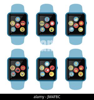Six square smartwatches with icons about education, climate, technology, tool, safety Stock Vector
