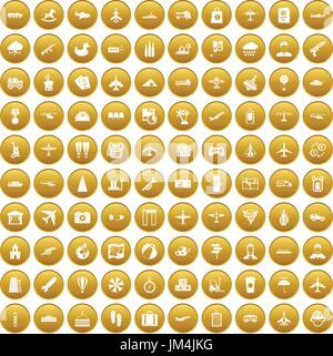 100 plane icons set gold Stock Vector