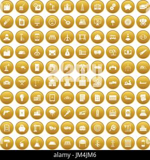 100 plant icons set gold Stock Vector