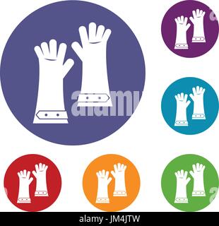 Heat resistant gloves for welding icons set Stock Vector