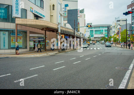 HAKONE, JAPAN - JULY 02, 2017: Japanese style of urban streets with people crossing and walking around in Hakone Stock Photo