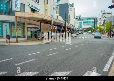 HAKONE, JAPAN - JULY 02, 2017: Japanese style of urban streets with people crossing and walking around in Hakone Stock Photo