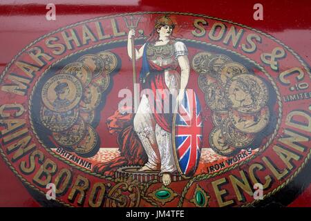 Close up of nameplate on red traction engine at Masham Steam Fair, Masham, North Yorkshire, UK Stock Photo