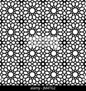 Classic Arab ceramic mosaic tile seamless pattern with abstract black and white muslim geometric shape decoration. EPS10 vector. Stock Vector