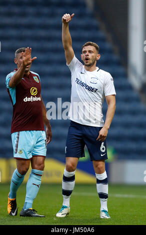 Preston North End's Andy Boyle (right) and Burnley's Jonathan Walters during the pre-season friendly match at Deepdale, Preston. PRESS ASSOCIATION Photo. Picture date: Tuesday July 25, 2017. See PA story SOCCER Preston. Photo credit should read: Martin Rickett/PA Wire. RESTRICTIONS: No use with unauthorised audio, video, data, fixture lists, club/league logos or 'live' services. Online in-match use limited to 75 images, no video emulation. No use in betting, games or single club/league/player publications. Stock Photo