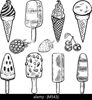 Ice cream icons frothen creamy desserts summer fruits eskimo. Design elements for poster, menu, flyer. Vector illustrations Stock Vector
