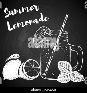 Hand drawn bottle with lemonade, lemons and mint leaves. Design elements for poster, menu, flyer. Vector illustration. Stock Vector