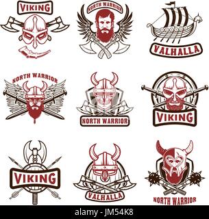 Set of vintage viking labels. Viking warrior in horned helmet, with beard, crossed axes, swords, shield. Design elements for logo, label, emblem, sign Stock Vector