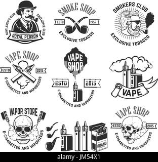 Set of vape shop emblem templates. Smoke shop. Design elements for logo, label, badge, sign. Vector illustration Stock Vector