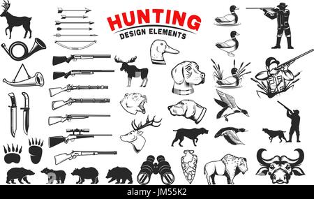 Set of hunting design elements. Hunting dogs, weapon, shooters silhouettes. Deer, bears, wild ducks. Design elements for emblem, sign, label, badge. V Stock Vector