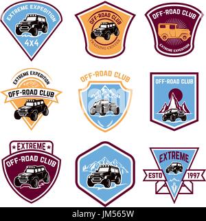 Set of four off-road suv car emblems. Extreme adventure club. Vector illustration Stock Vector
