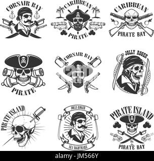 pirate emblems onwhite background. Corsair skulls, weapon, swords,guns. Design elements for logo, label, emblem, sign, poster, t-shirt. Vector illustr Stock Vector