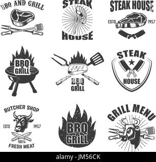 Set of steak house labels. BBQ, butcher tools, bull heads. Design elements for logo, badge, emblem, sign, restaurant menu, flyer. Vector illustration Stock Vector