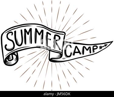 Summer camp emblem. Hand drawn flag with lettering on sunburst background. Vector design element Stock Vector