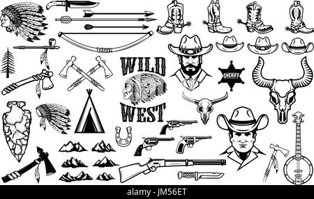 Big set of wild west icons.Cowboys, indians, vintage weapon. Design elements for logo, label, emblem, sign, badge. Vector illustration Stock Vector